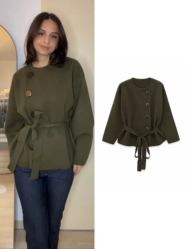 เสื้อโค้ทถักแบบผูกเชือกสำหรับผู้หญิง คอลเลคชั่นฤดูใบไม้ร่วง ดีไซน์ใหม่ คอกลม คาร์ดิแกน พร้อมเข็มขัด แจ็คเก็ตแฟชั่น เรียบง่าย สไตล์ลำลอง สวยสง่า เสื้อคลุมสำหรับผู้หญิง