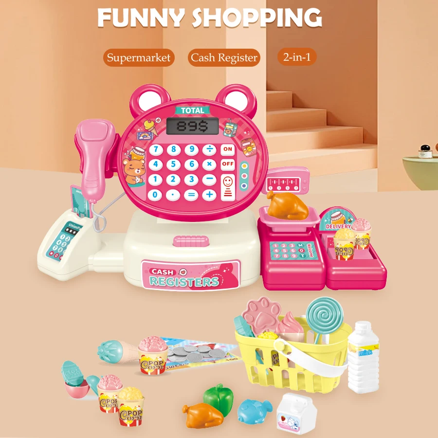 Children play at home toy electric simulation supermarket cash register cartoon frog animal shopping cart computer baby gift