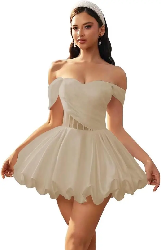 オフショルダー バブル ホームカミングドレス Aライン プリーツ HOCOドレス ショートドレス 結婚式用 プロムドレス 卒業式ドレス