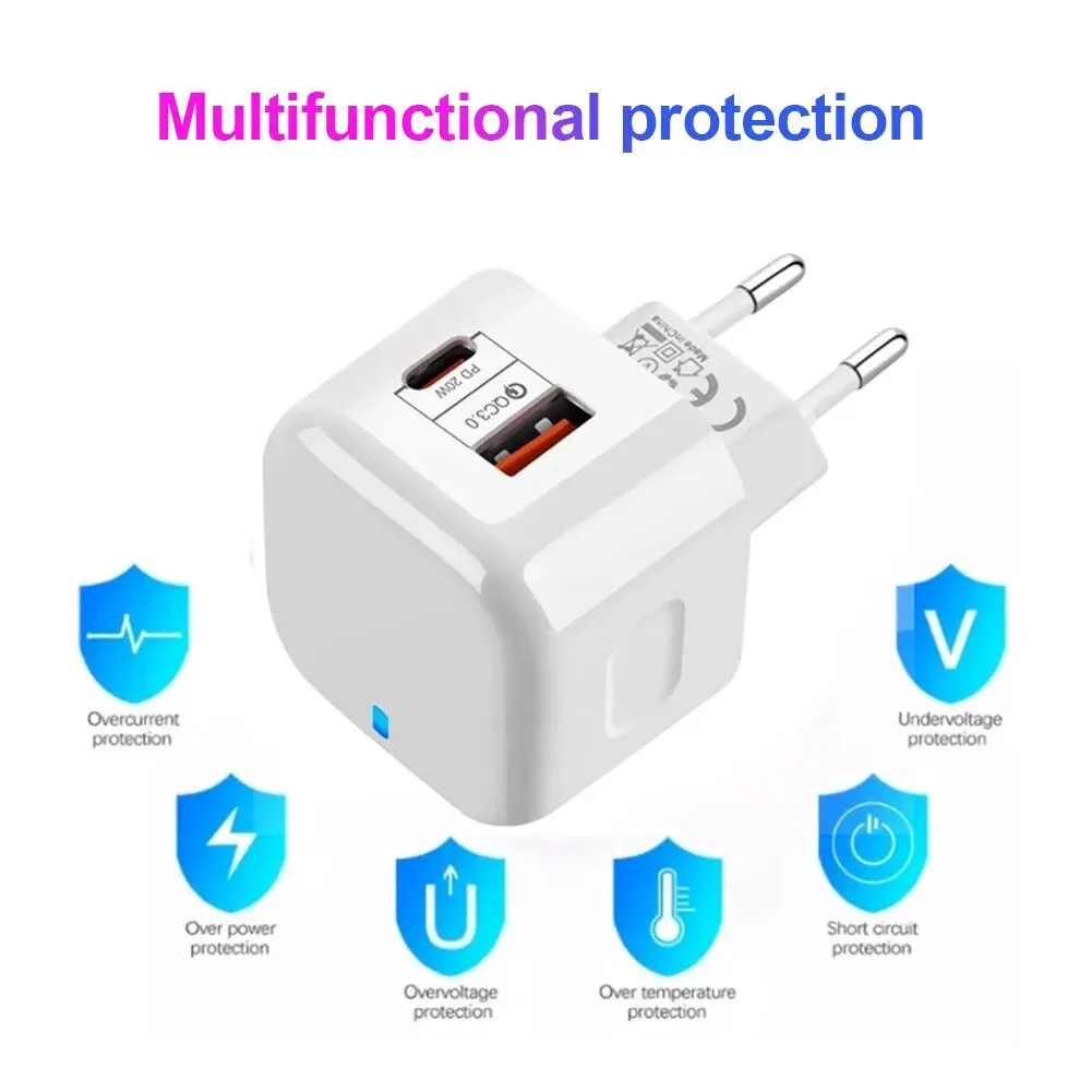 Suitable for Apple Mobile Phone PD Fast Charge Android European Standard Charging Head 20W Dual-Port USB + Type-C Charging Port