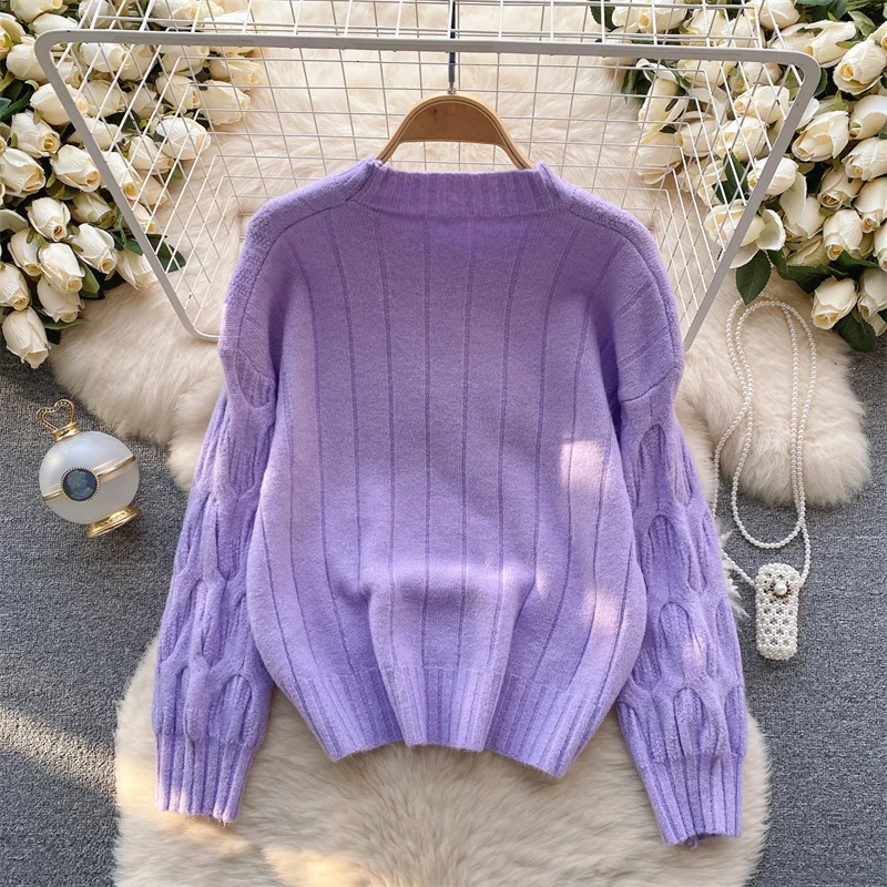 Autumn New Women Twist Knitted Sweater Short Pullover Tops Round Collar Long Sleeve Bottoming Knitwear Jumper Purple Green Blue