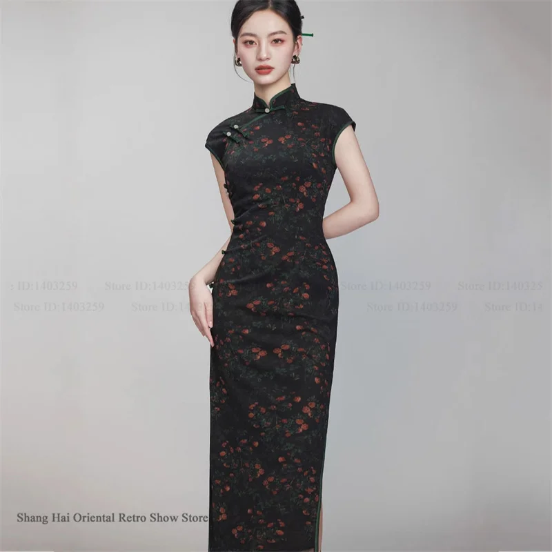 

Женское длинное платье-ципао с цветочным принтом, элегантное винтажное китайское платье с воротником-стойкой, наряд для новогодних и праздничных мероприятий