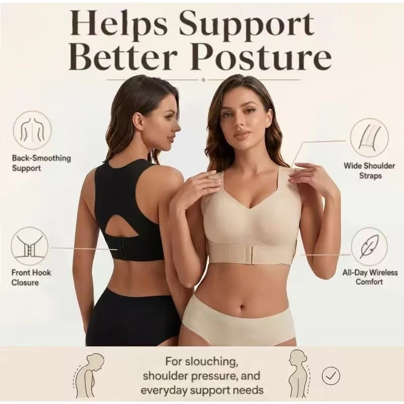 Posture Corrector Bra Front‑hook Cross Back Wire‑free Seamless Push‑up Bra Breathable Anti‑sagging Lifting Sports Underwear