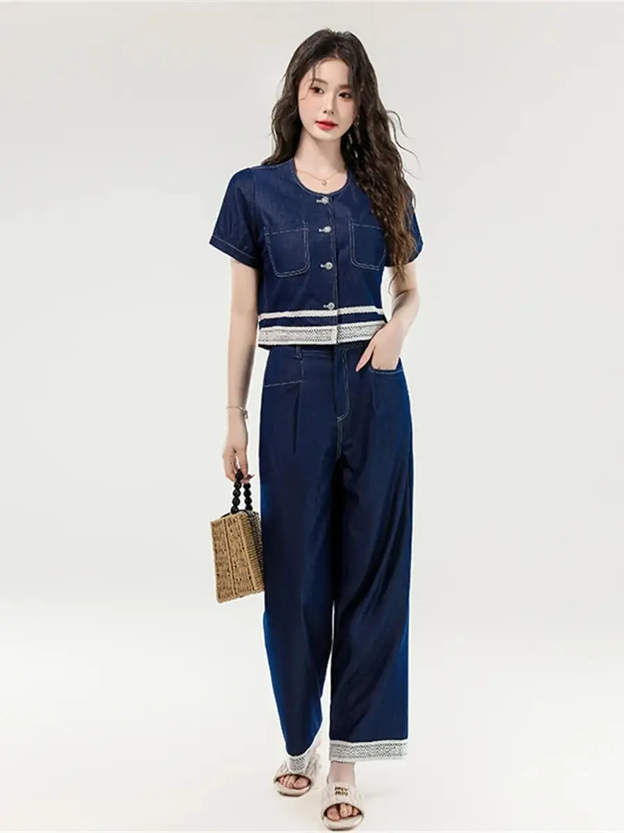 

Blue Tencel Denim Two Piece Set For Women Lace Trim O Neck Short Sleeve Blouse Tops Elastic Waist Pants Female Casual Sets 2025