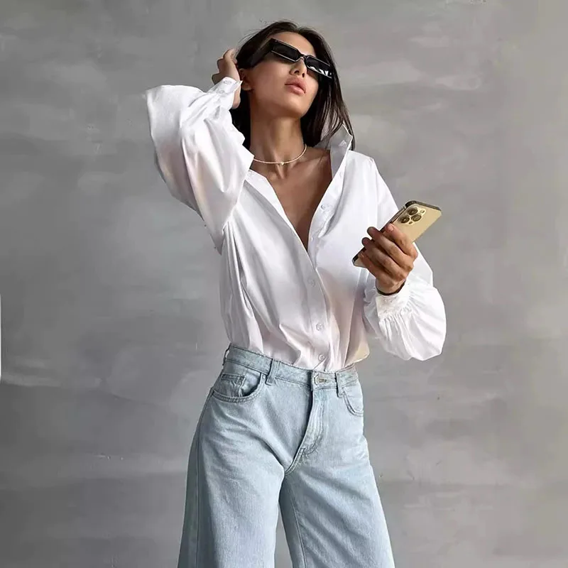

2025 New Casual Loose Streetwear Black White Shirt Woman Vintage All-Match Basic Blusas Women's Lantern Sleeve Oversized Blouse