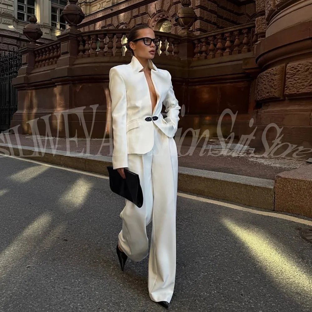 بدلة بيضاء فاخرة للنساء 2 قطعة سترة السراويل مكتب سيدة شيك وتتسابق موضة بنطلون الذكية عادية أنثى السترة مجموعة #2