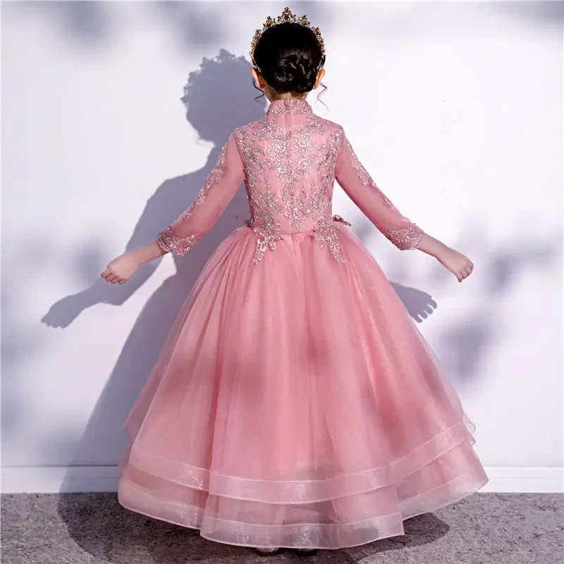 It's Yiiya Customized Flower Girl Dress Pink Tulle High Neck Appliques Beads 3/4 Sleeves Floor-Length Kids Party Girl Gown A2348
