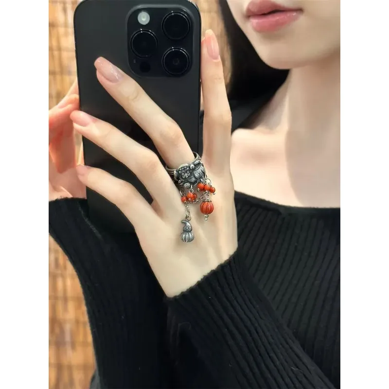 Handmade Bead Ring Melon Calabash Lion Dance Open Band Adjustable Distressed Vintage Chinese Style Statement Jewelry Gift to Her
