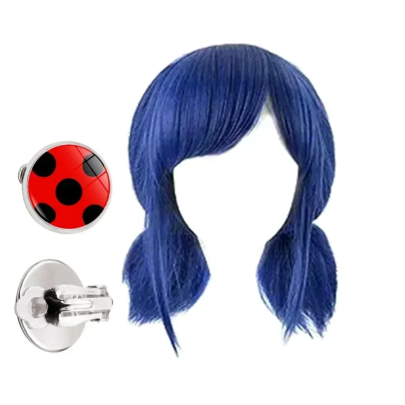 

Perruque de Cosplay bleue pour filles, perruques courtes pour Костюм bonnet de perruques, paire de boucles d'oreilles gratuite