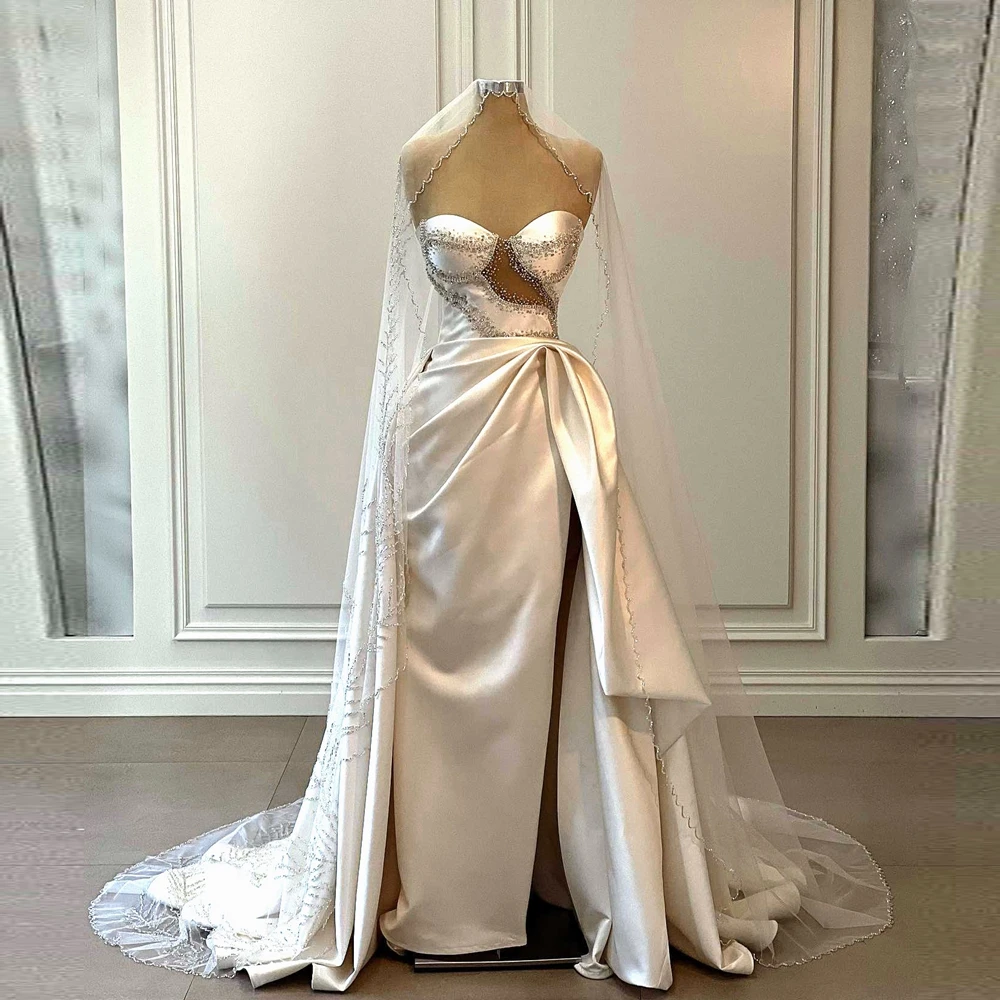 Real Photos Satin Beads Wedding Dresses With Veil Pretty Strapless Lace Appliques Mermaid Bridal Dress Side Slit Prom Party Gown