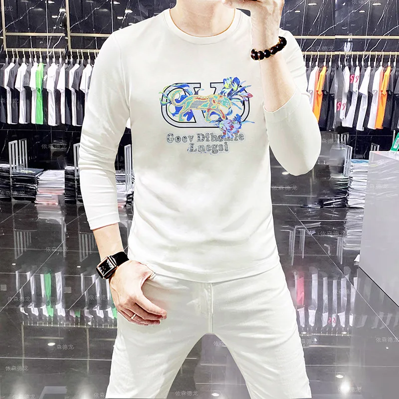 Men Crew Neck Long Sleeve T Shirt Rhinestone Leopard Letter Graphic Male Casual Slim Fit Tops Fashion Versatile Daily Wear Tees
