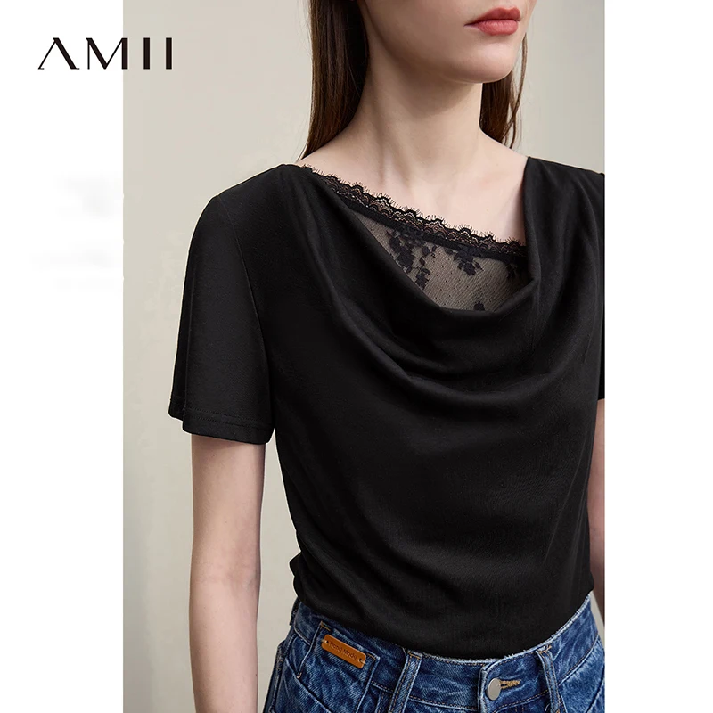 

Женская футболка Amii с коротким рукавом, летняя новинка 2026, повседневная элегантная футболка с кружевными вставками и вырезом-качели, женский плиссированный однотонный топ 12642025