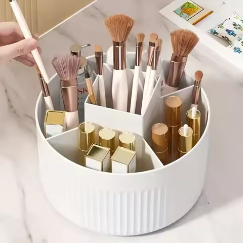 360 ° Caixa de armazenamento de maquiagem rotativa, organizador de maquiagem de mesa, suporte de pincel cosmético, batom, sobrancelha, lápis, recipiente de joias