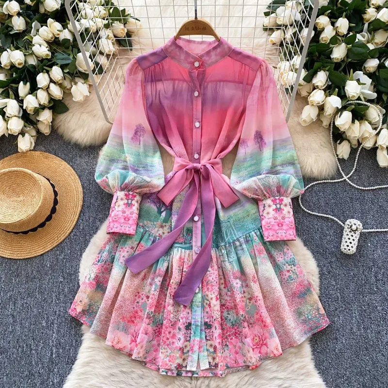 

Women's Spring Dress New Skirt Elegant Shirt Dress Stand-up Collar Bell Sleeves Fitted Waist Printed Ruffles Dress for Women