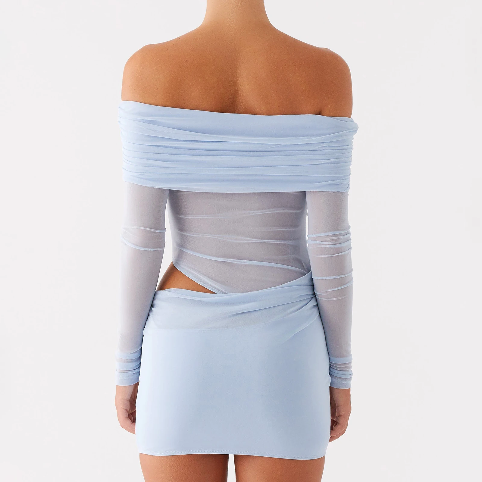 Women Sexy Off Shoulder Mini Dress Slim Ruched Solid Color Cut Out Long Sleeve Backless Hollow Mesh Bodycon Dress Party Club
