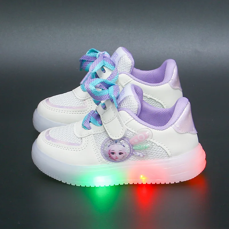 LED-Kinderschuhe für Mädchen, niedliche Cartoon-Prinzessin, Elsa, Baby-Mädchen, Kawaii, Segeltuch, Anime-Schuhe für Kinder, atmungsaktive Mesh-Turnschuhe