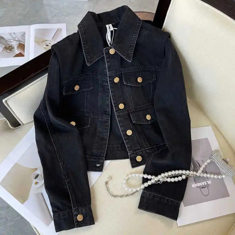 

Vintage Black Denim Coats For Women Spring Autumn Turn-down Collar Single Breasted Short Jackets Chic Trend Female Tops