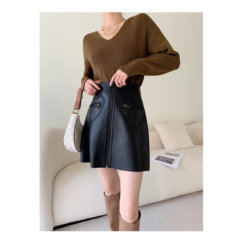 Pu Leather skirt women high waist A-line skirt short fashion love pocket casual