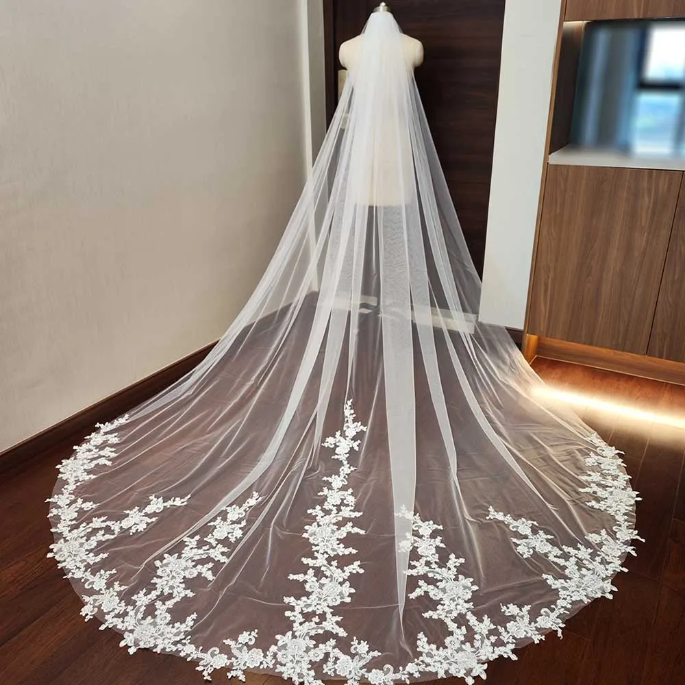 Real Photos Lace Wedding Veil White Ivory Cathedral Bridal Veil Single Tier 10ft Long Head Veil Wedding Accessories