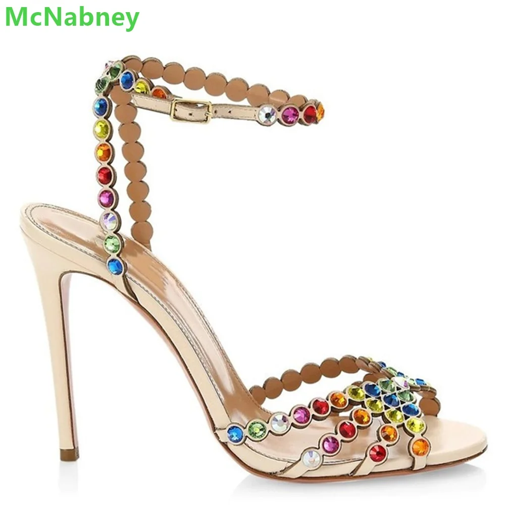 Crystal Sexy Luxury Design Sandals For Female Women Thin High Heel Ankle Buckle Strap PVC Solid Shallow Summer Fashion Shoes