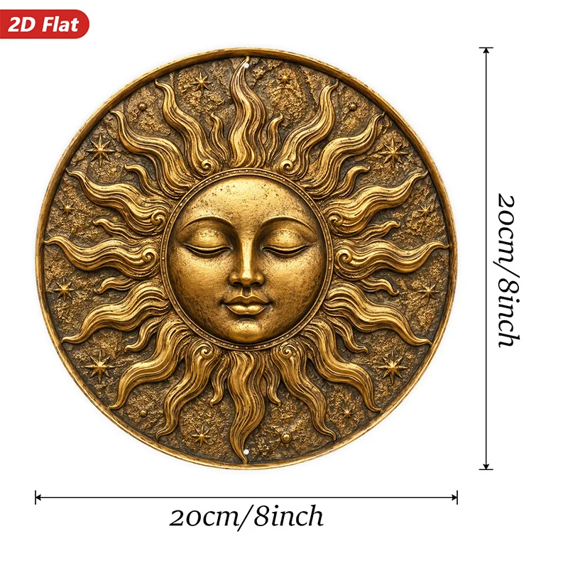 2D Flat, 1pc Celestial Sun Face Round Metal Sign Wall Art, Golden Relief, Radiant Wavy Rays, Starry Accents, Home Decor, Ideal f