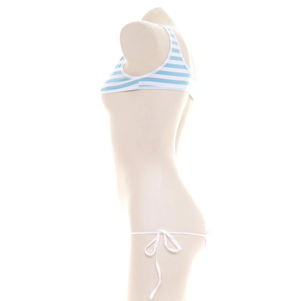 

Blue White Stripe Bikini Swimsuit Underwear Home Vacation Daily Moderate Elasticity Polyester Fabric Sleeveless Stripe Pattern