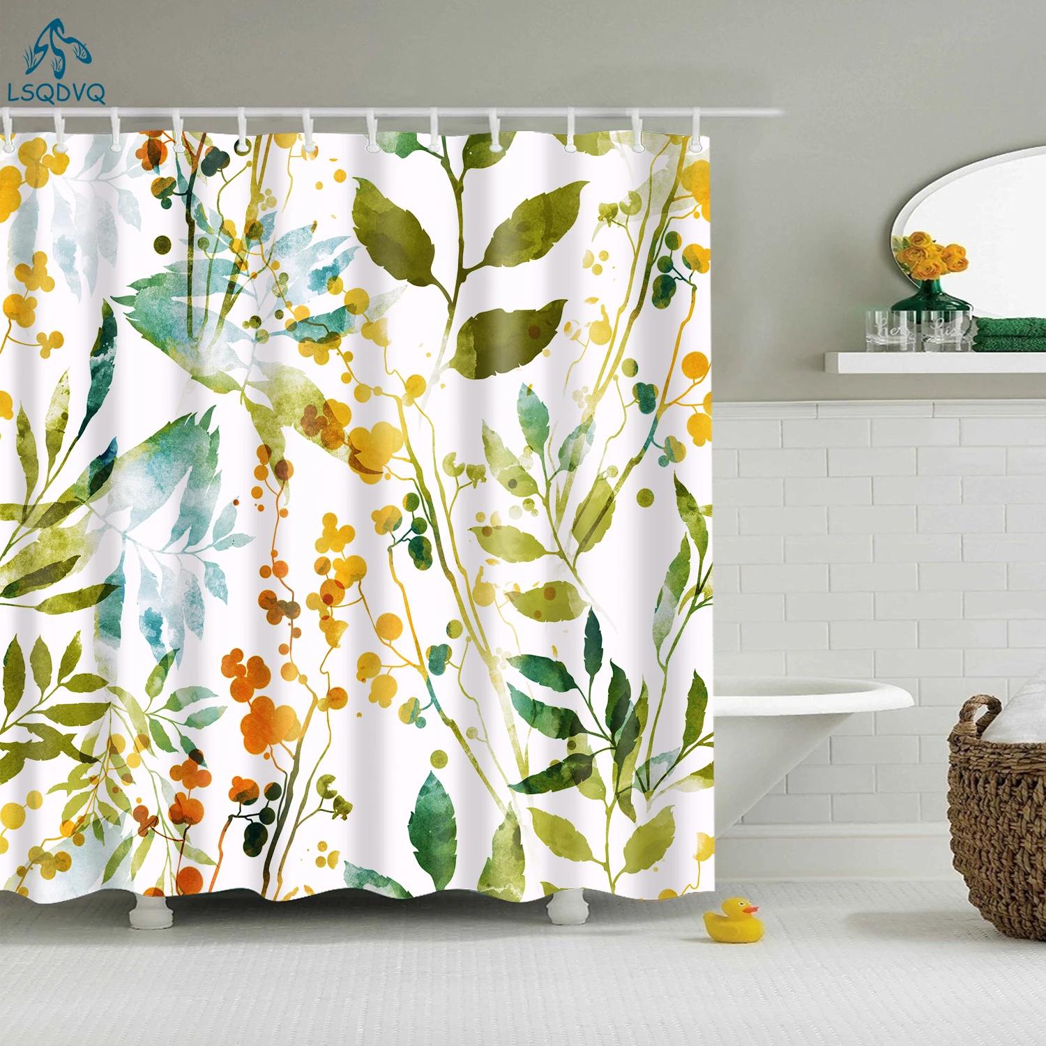 Cortina de ducha de poliéster impermeable para baño, cortina Frabic con 12 ganchos, con diseño de plantas, flores, hojas, árboles, paisaje Rural