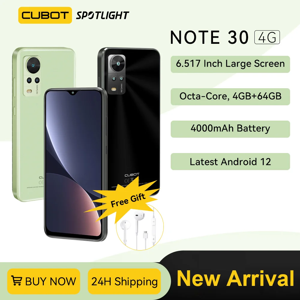 Cubot Note 30, Android 스마트폰 2022, Octa-core, 4GB+64GB(256GB 확장), 6.517인치 화면, 4000mAh, 20MP, 듀얼 SIM, Face ID, 안드로이드 올인원, 4G smartphone, mobile phones, 안드로이드 스마트폰, GPS, OTG