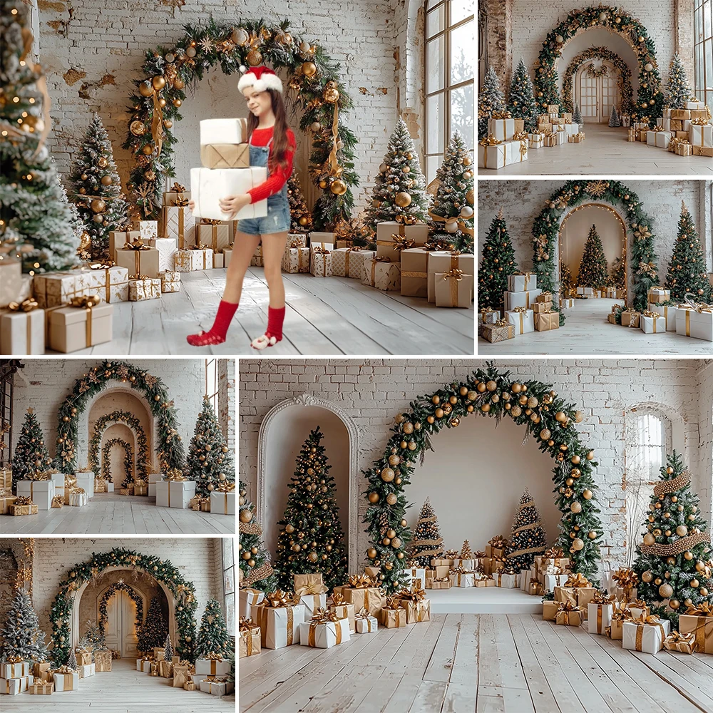 Christmas Photography Background Arched Garland Golden Xmas Gift Decoration Boy Girl Portrait Photo Backdrops Studio Props