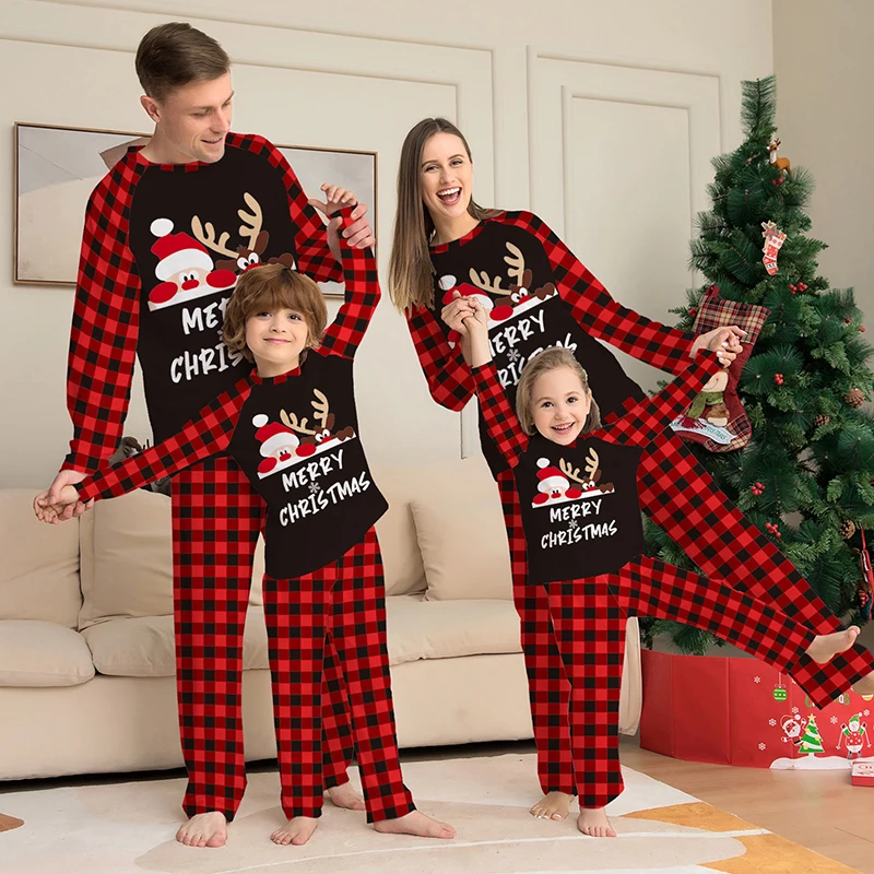 

2026 New Deer Plaid Print Pajamas Set for Family Matching Christmas Pyjamas Adults Kids Casual 2 Pieces Suit Homewear Xmas Look