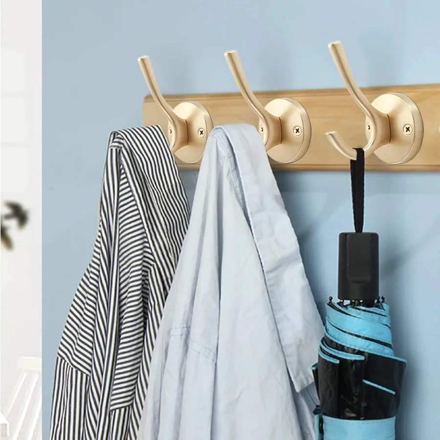 Gold Wall Hooks 6 Pack Heavy Duty Metal Double Coat Robe Hook Wall Mounted for Bathroom Cubicle Kitchen Closet Garage Durable H