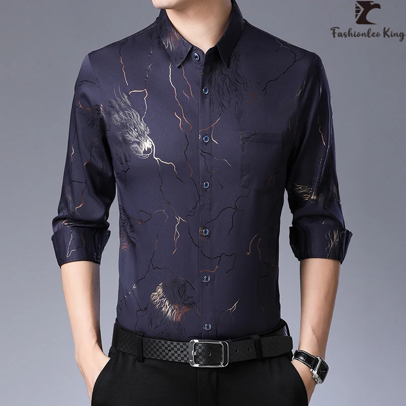 

New Dress Shirts Men's Slim Fit Wolf Print Shirt Male Long Sleeve Casual Shirts Camisa Masculina