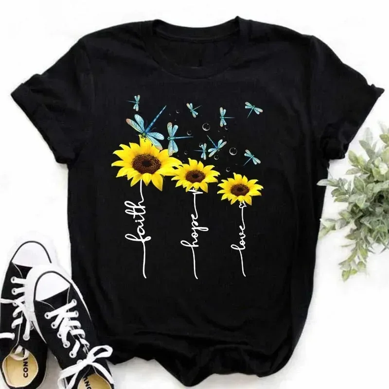 COTTON 100% Casual Cute Sunflower Butterfly Print T-shirt Comfortable Women\'s Black Top Oversized T Shirt  Graphic Tshirts