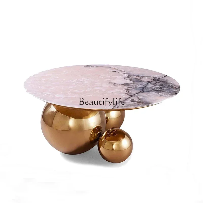 

Italian light luxury minimalist high-end marble coffee table stainless steel metal ballLX
