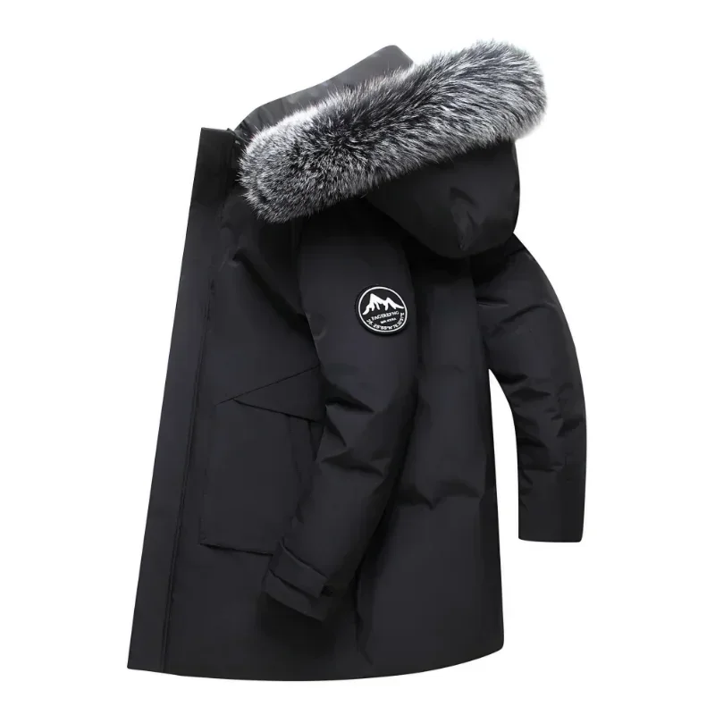 Inverno longo jaqueta masculina luz de luxo moda com capuz grande gola de pele quente pato branco para baixo casaco masculino casual à prova de