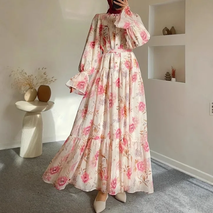 

Muslim Women's Dress Casual Fashion Middle Eastern Chiffon Round Neck Tie-Dye with Belt Long Temperament Elegant Arab Dress