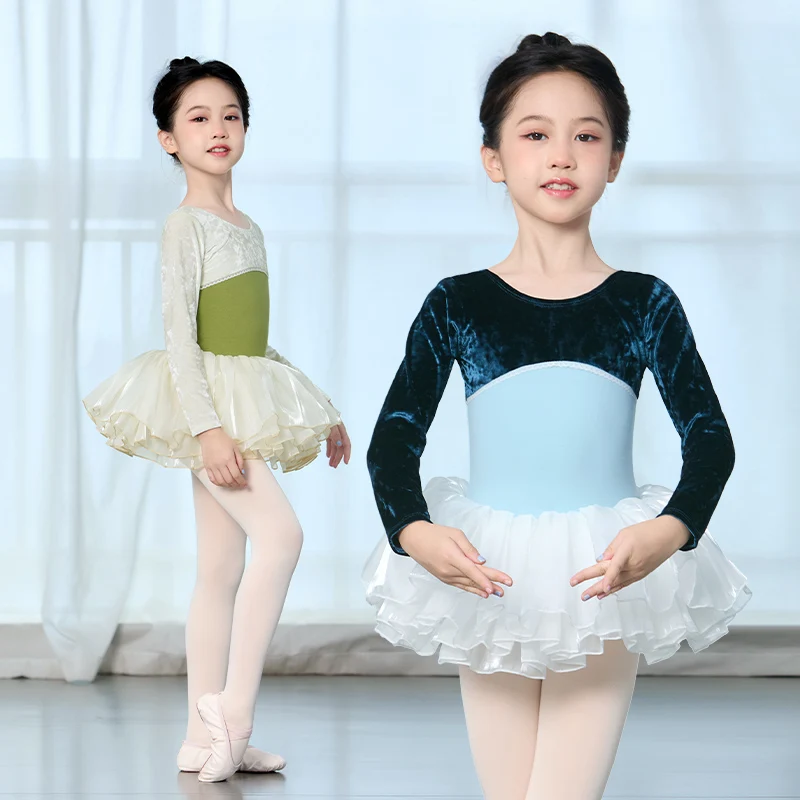 Girls Ballet Leotards with Organza Puffy Skirts Long Sleeve Dance Tutu Dress Kids Child Velvet Ballet Bodysuit Ballet Dress