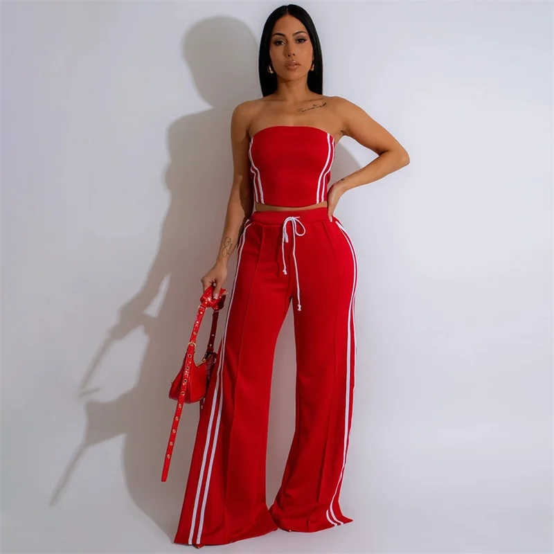 Sexy Women Stripe Two Piece Sets Strapless Skinny Slim Crop Top and High Waist Side Split Flare Pants Casual Outfits Tracksuits