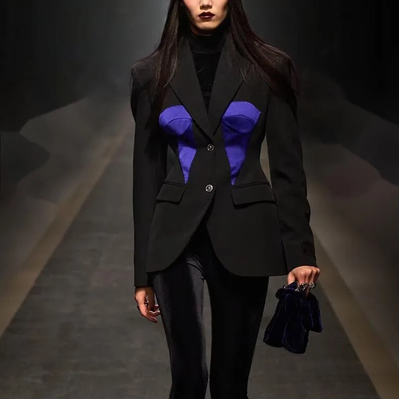 HKSH ブレザー女性のための秋の新シングルブレストコントラストカラースリムフィットシックでエレガントな気質オフィスレディスタイルコート HK10755