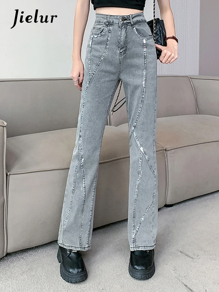 Jielur American Style Vintage szary kobiece dżinsy nowy kolor zaklęcia wysokiej talii szczupła moda damskie dżinsy dzwony Casual Chic Jeans