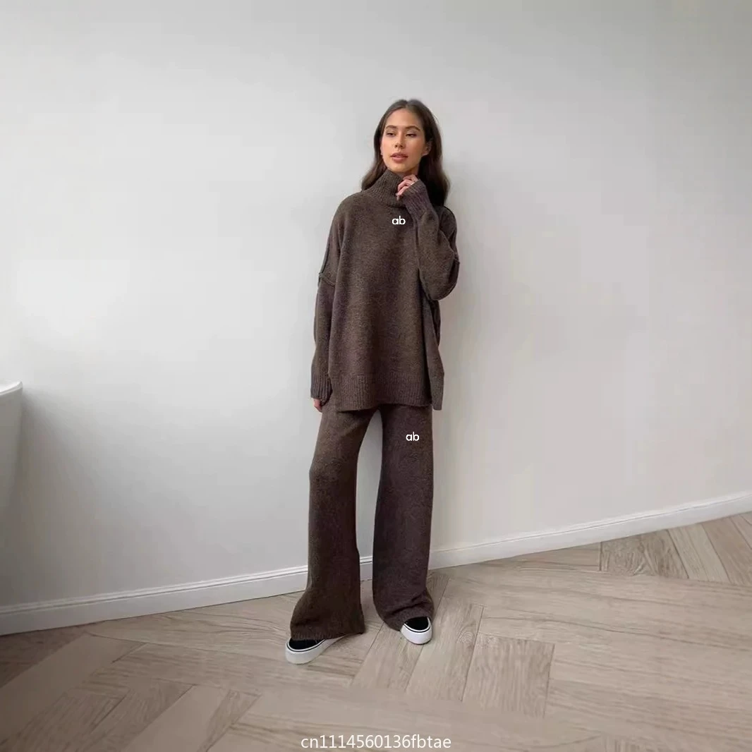 Autumn High Neck Sweater for Women Loose Casual Lazy Thick Knit Long Pants with Wide Legs Set Fashion Long Sleeves Two-piece Set