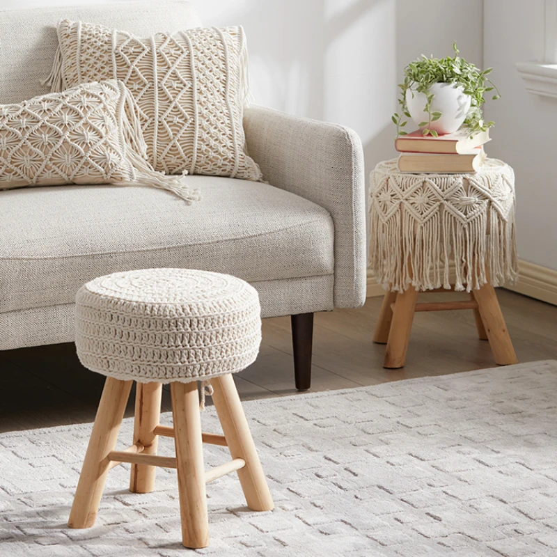 Solid Wood Round Makeup Stool - Light Luxury Fabric Woven Chair Portable and Durable, Perfect for Vanity Areas