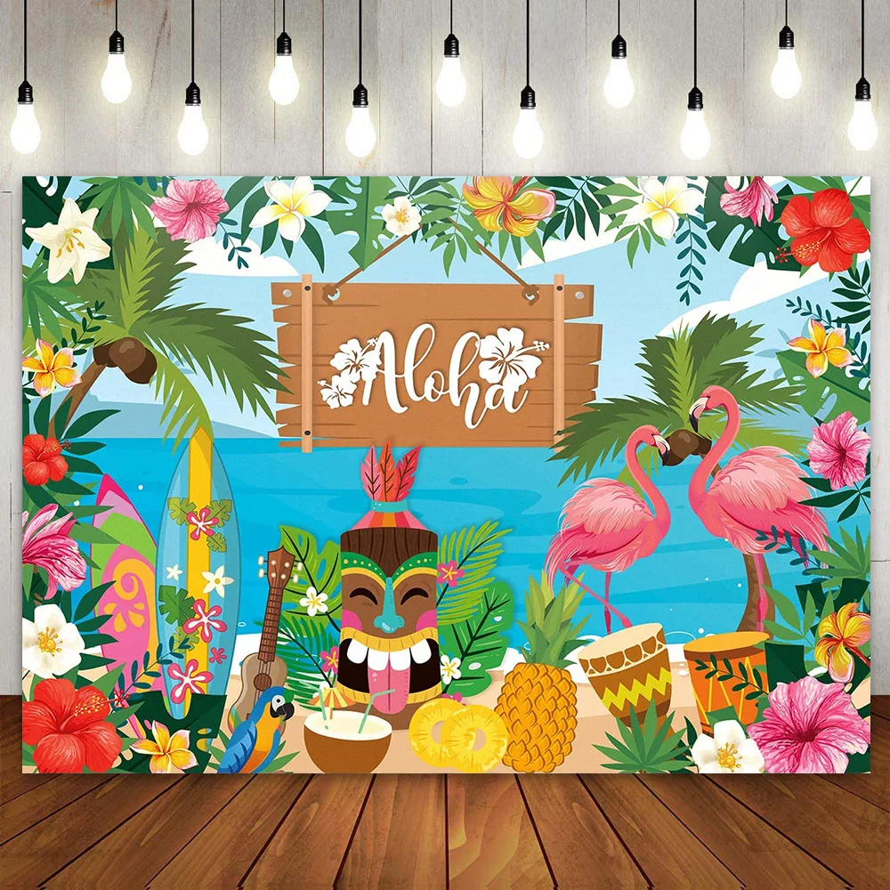 

Aloha Themed Birthday Party Decoration Cake Banner Summer Hawaiian Flamingo Seaside Beach Photo Booth Background Wall Poster