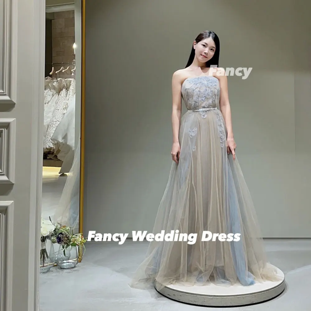 Fancy Simple Strapless Korea Wedding Dress Blue Lace Soft Tulle Evening Dresses A Line Sleeveless Formal Dresses Customized