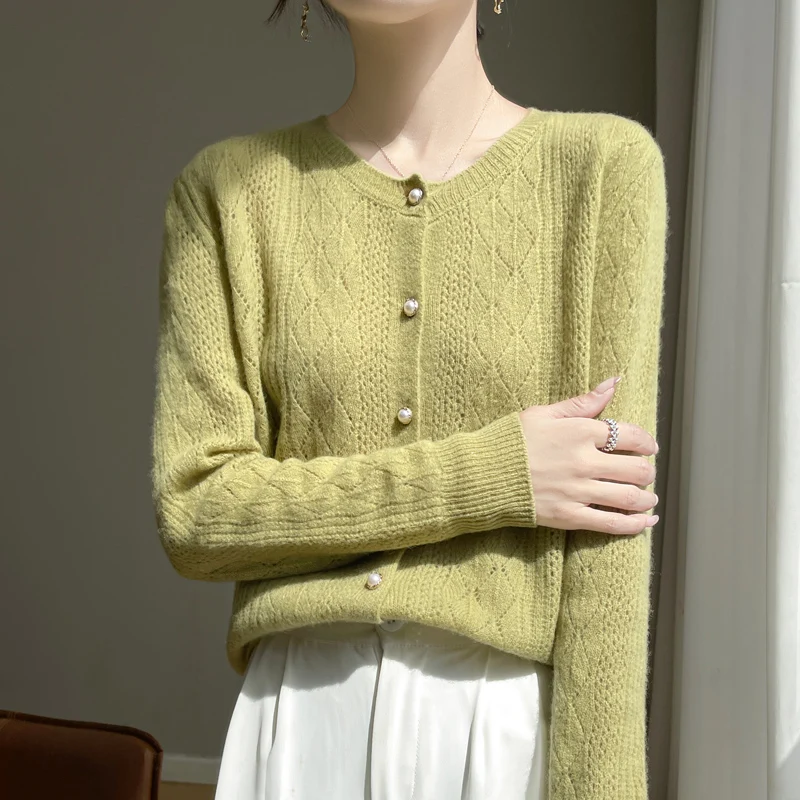 Herfst 100% merinowol damesvest met lange mouwen, effen kleur holle trui, comfortabele zachte top, klassieke stijl