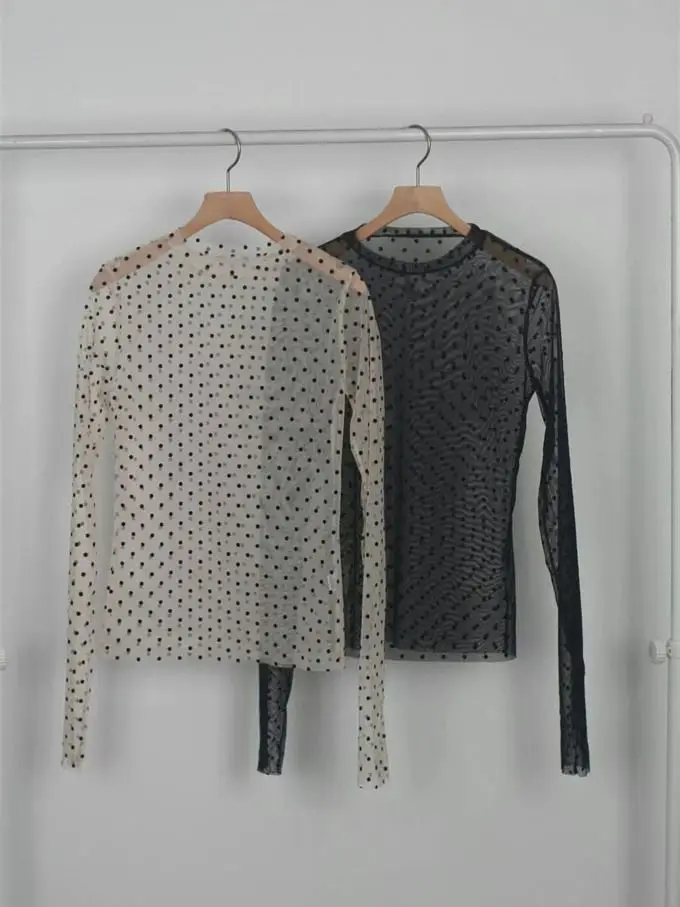 Korean Fashion Perspective Polka Dot Versatile Bottoming Shirt Spring Long Sleeve Slim Mesh Sexy Top T-shirt Women Clothing