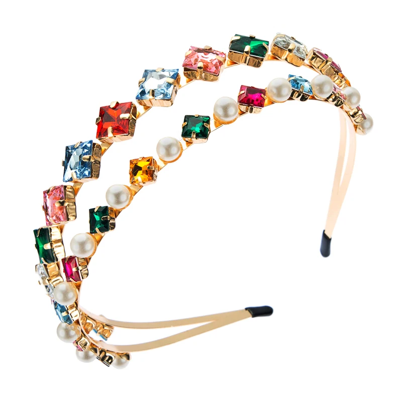 European and American Fashion Trend Double-layer Metal Hair Hoop, Korean Version Pearl Inlaid Rhinestone Super Flash Headband