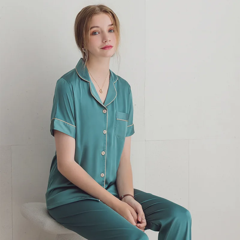 

Pajama Sets Summer Ice Silk Thin Section Short-sleeved Long Pants Two-piece Set Casual Solid Homewear Pyjamas Femme Sleepwear