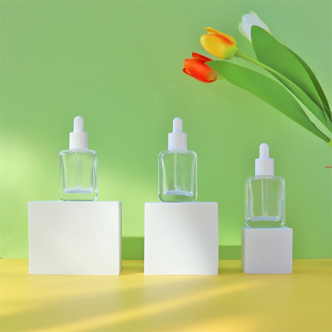 Hot Sale Square Transparent Hair Oil Glass Dropper Bottle Rectangle For Essential Oil Perfume 15ml 30ml 50ml 100ml