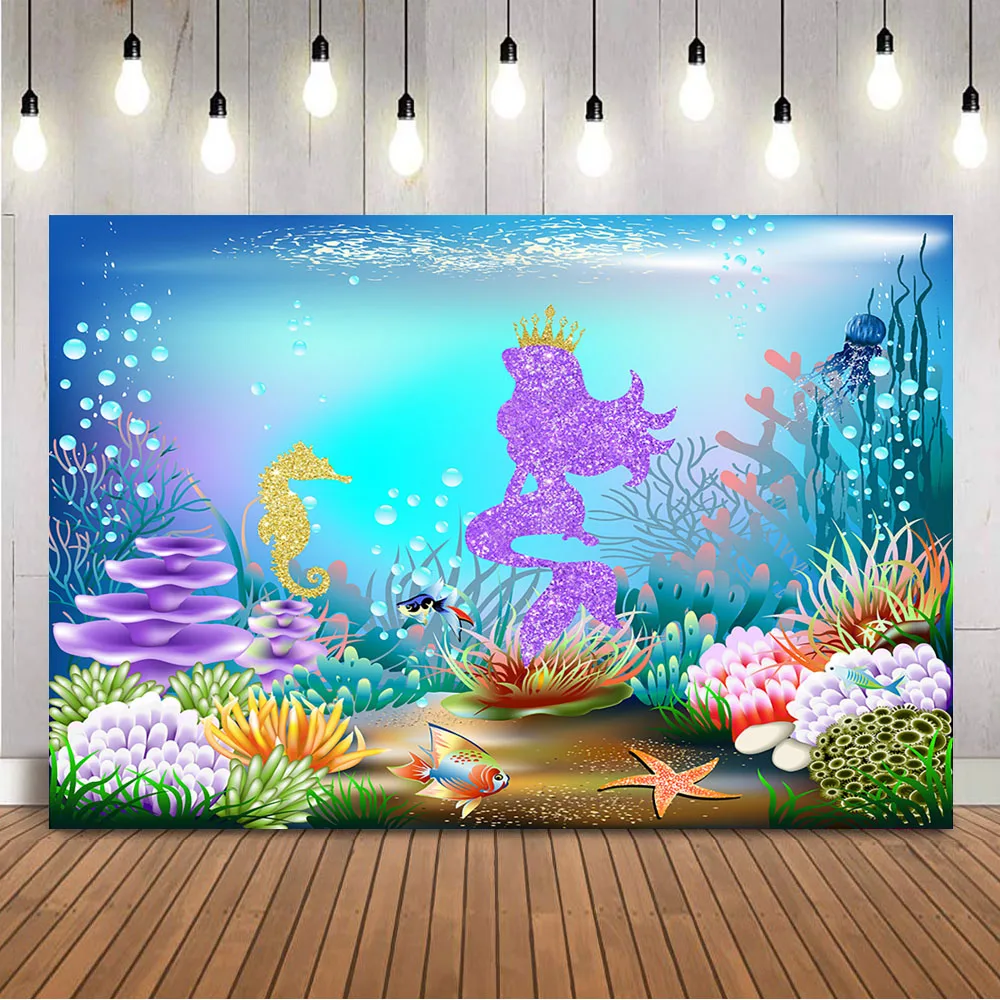 인어 생일 배경 신생아 소녀, 작은 인어 공주 사진 배경, 바다 아래 포토콜 장식 배너